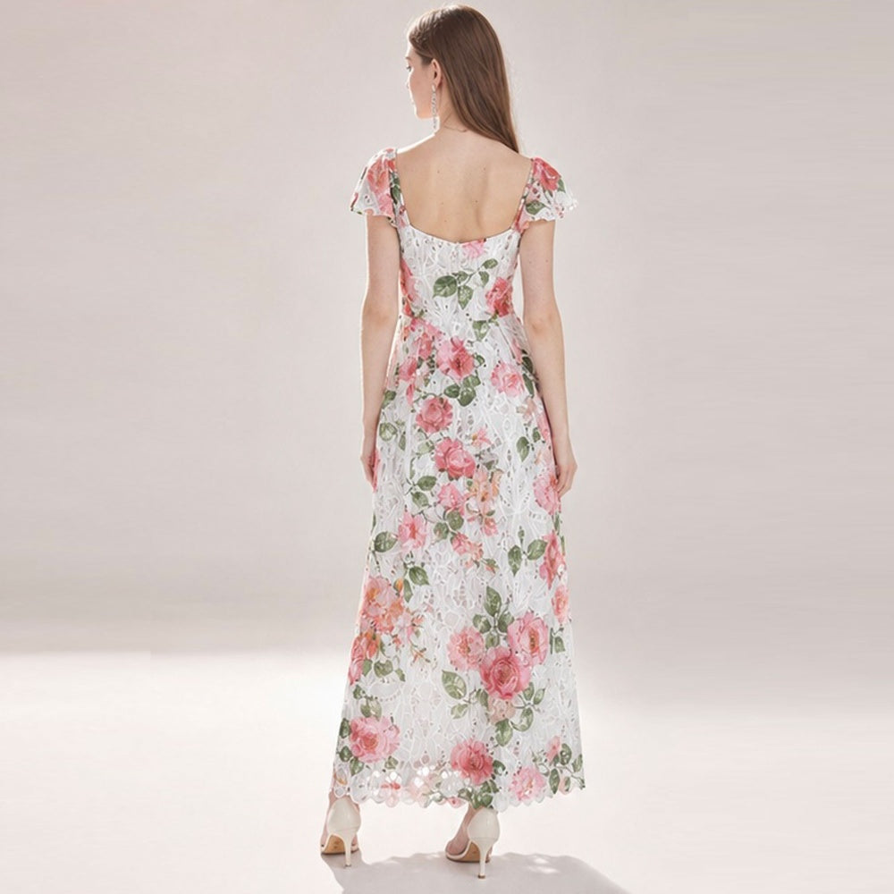 CM-DY074285 Women Elegant European Style Embroidery Square Collar Short Sleeve Floral Lace Hollow Dress