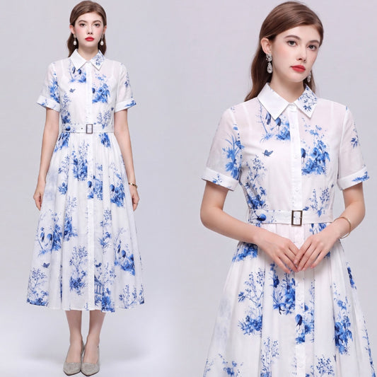 CM-DY074387 Women Elegant European Style Shirt Collar Short Sleeve Belted Mid-Length Dress - Blue
