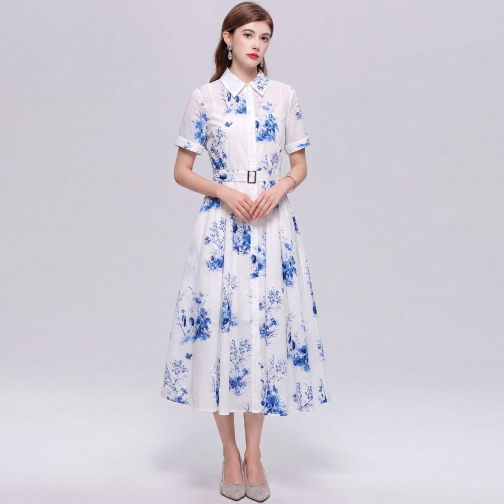CM-DY074387 Women Elegant European Style Shirt Collar Short Sleeve Belted Mid-Length Dress - Blue