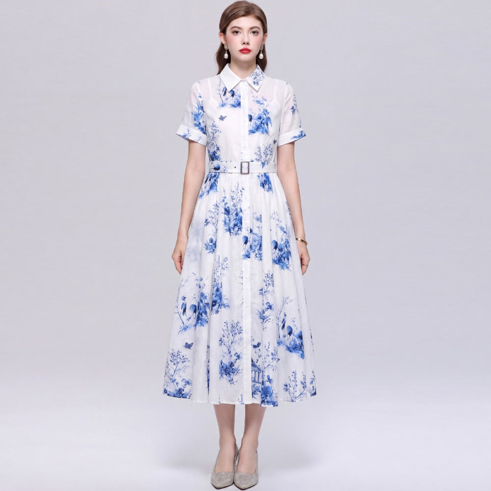 CM-DY074387 Women Elegant European Style Shirt Collar Short Sleeve Belted Mid-Length Dress - Blue