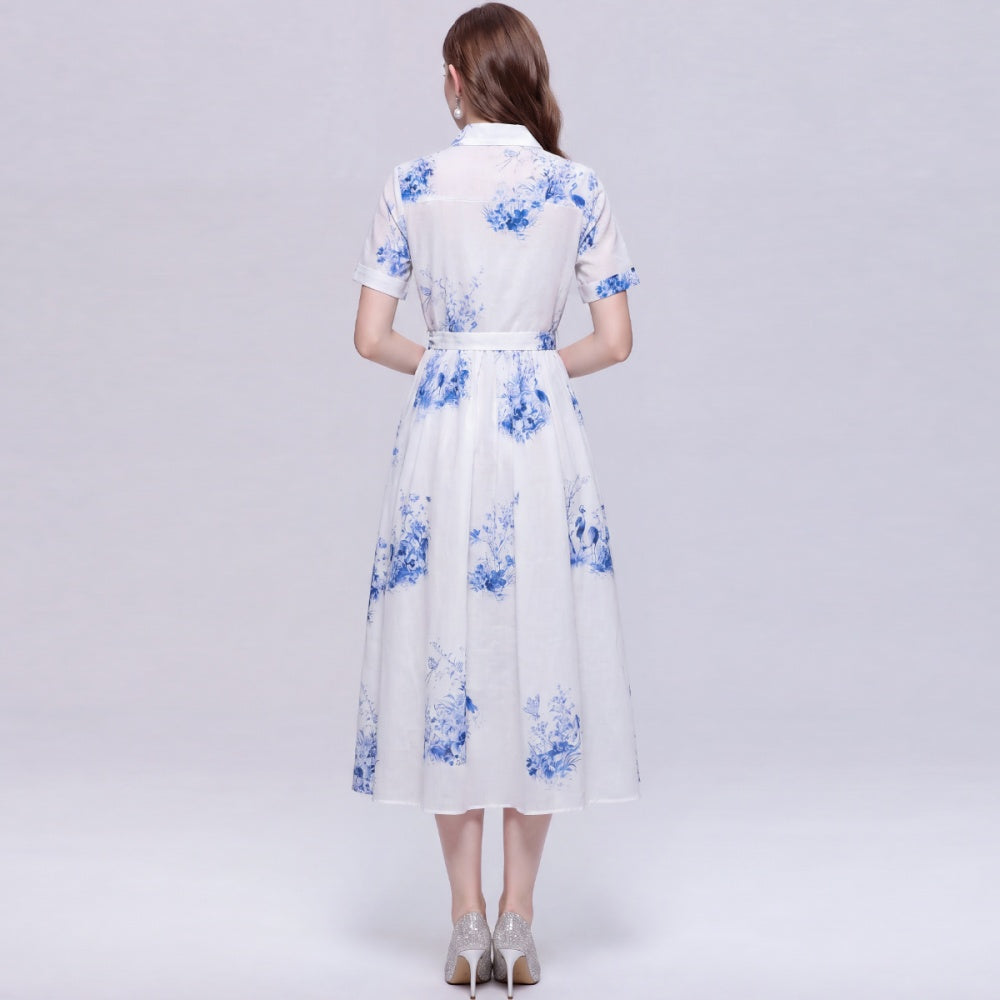 CM-DY074387 Women Elegant European Style Shirt Collar Short Sleeve Belted Mid-Length Dress - Blue