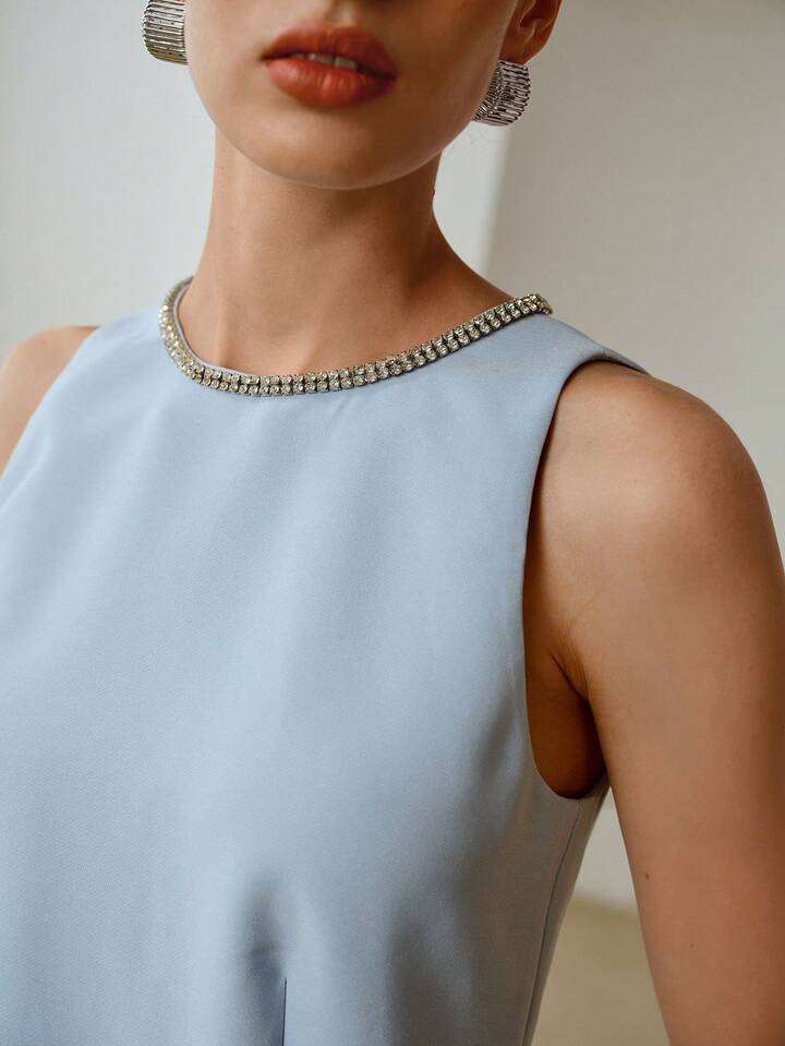 CM-JS196496 Women Elegant Seoul Style Rounnd Neck Rhinestone Decor Sleeveless Jumpsuit - Baby Blue