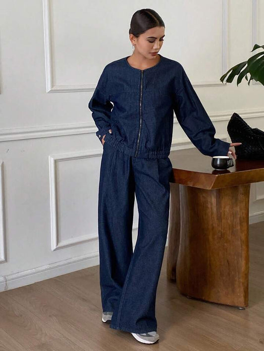 CM-SS141481 Women Casual Seoul Style Round Neck Drop Shoulder 3/4 Sleeve Denim Jacket With Extra Long Pants - Set