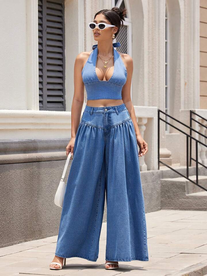 CM-BS115955 Women Casual Seoul Style Medium Wash High Waist Pleated Loose Wide Leg Jeans