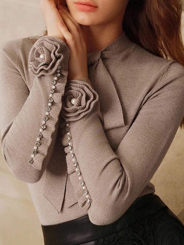 CM-CS952897 Women Casual Seoul Style Bow Tie Strap Rhinestone Decor Long Sleeve Sweater - Gray