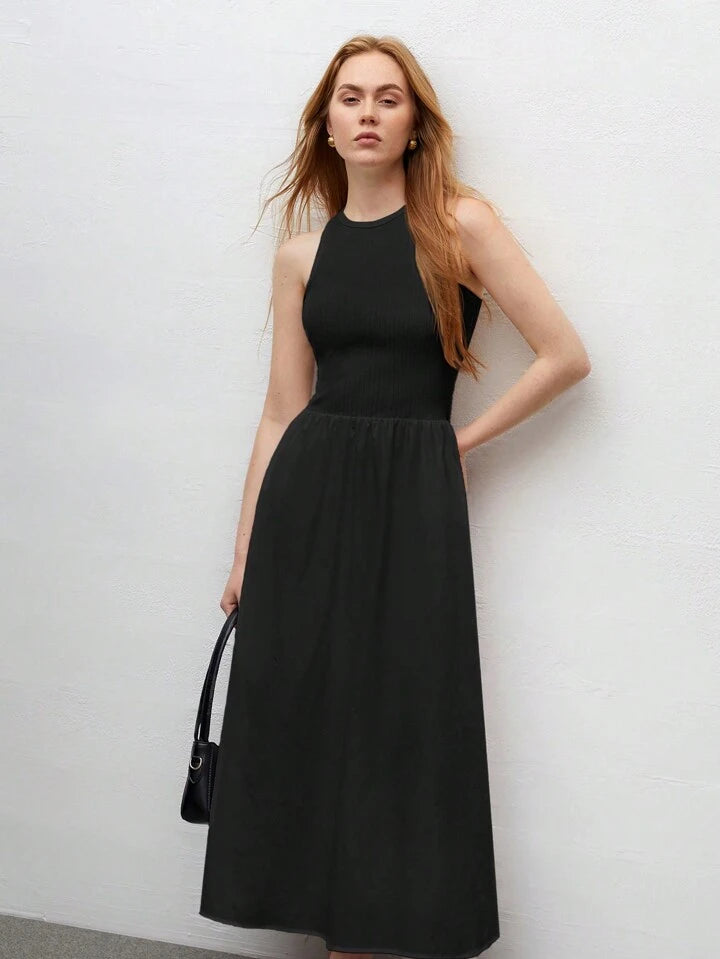 CM-DS644099 Women Trendy Bohemian Style Round Neck Sleeveless High Waist Slim Fit Dress - Black