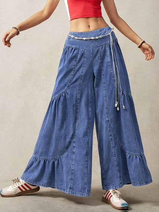 CM-BS562441 Women Casual Seoul Style Elastic Waist Irregular Patchwork Wide Leg Pants - Navy Blue