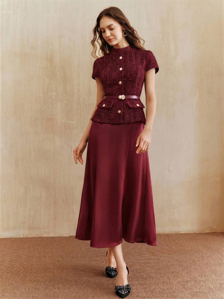 CM-DS749564 Women Elegant Seoul Style Stand Collar Short Sleeve Tweed Satin Patchwork Dress - Burgundy