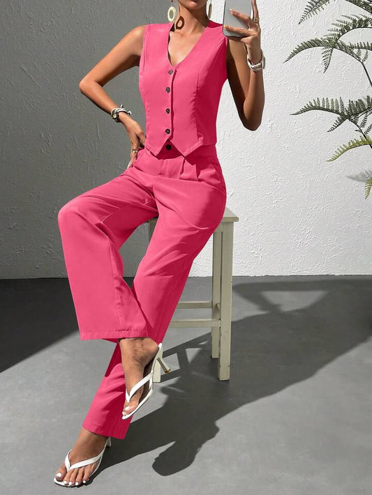 CM-SS665234 Women Elegant Seoul Style V-Neck Sleeveless Vest With Long Pants Suit - Watermelon Pink