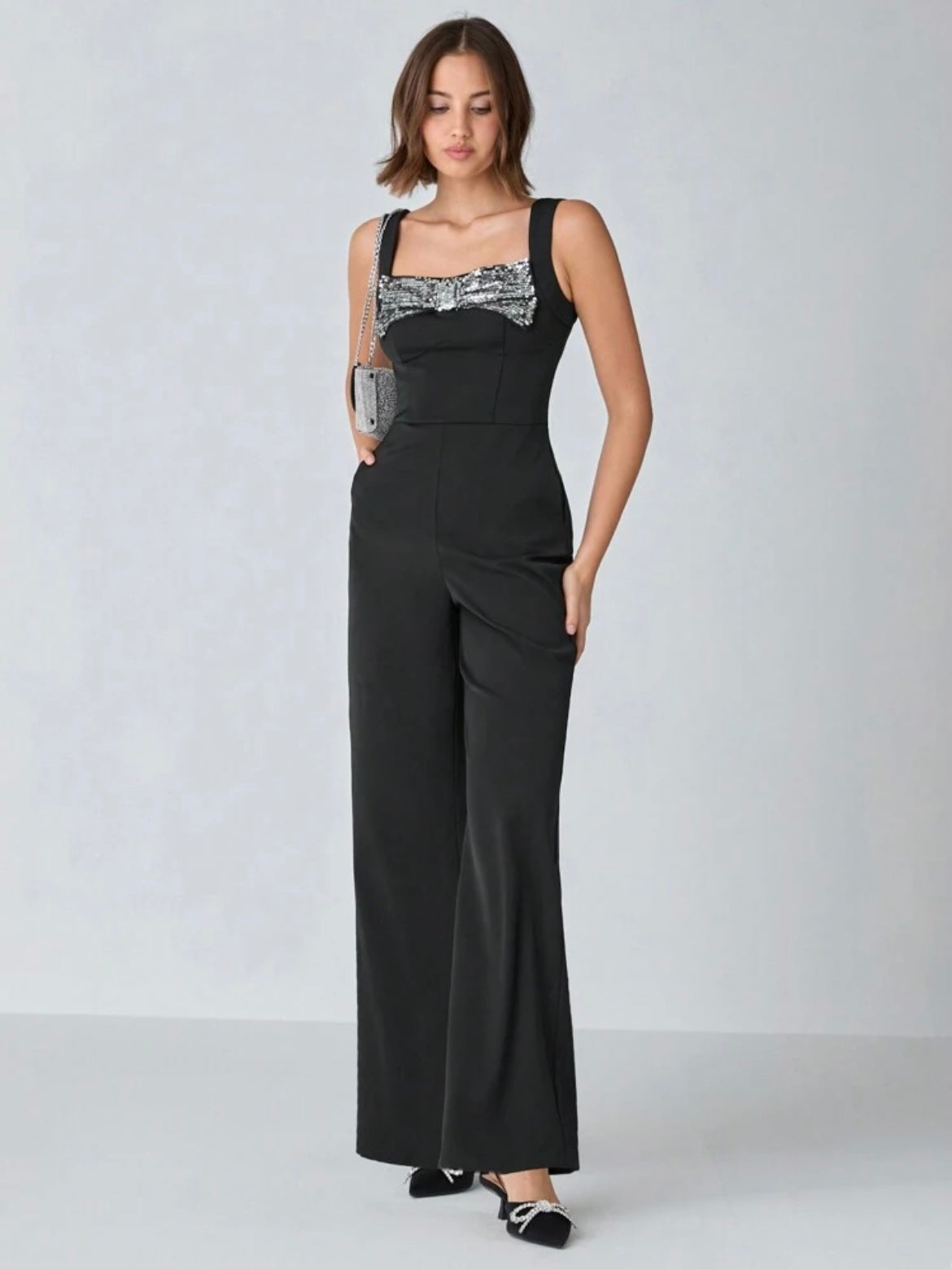 CM-JS432207 Women Elegant Seoul Style Sequin Bow Decorated Sleeveless Wide Leg Jumpsuit - Black