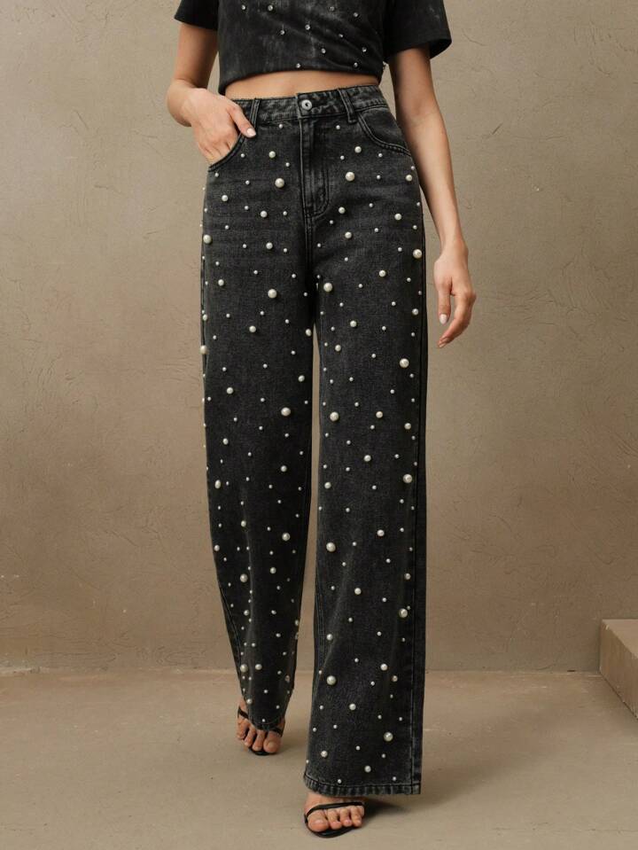CM-BS791900 Women Casual Seoul Style High Waist Pearl Embellished Straight Loose Wide Leg Jeans - Black