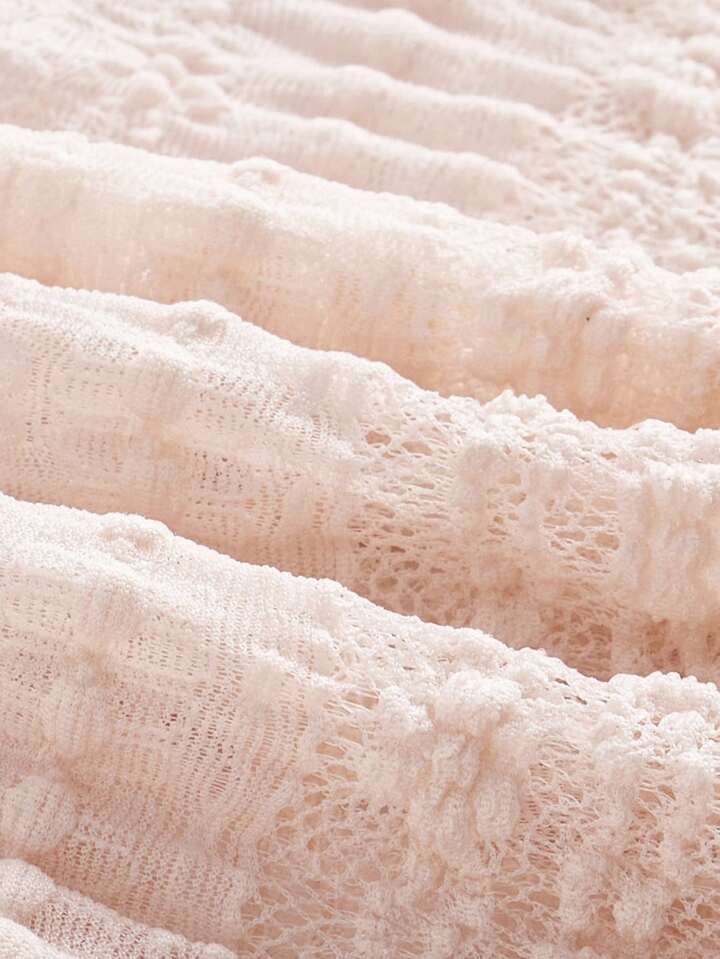CM-TS783398 Women Casual Seoul Style Lace V-Neck Ruffle Hem Long Sleeve T-Shirt - Pink