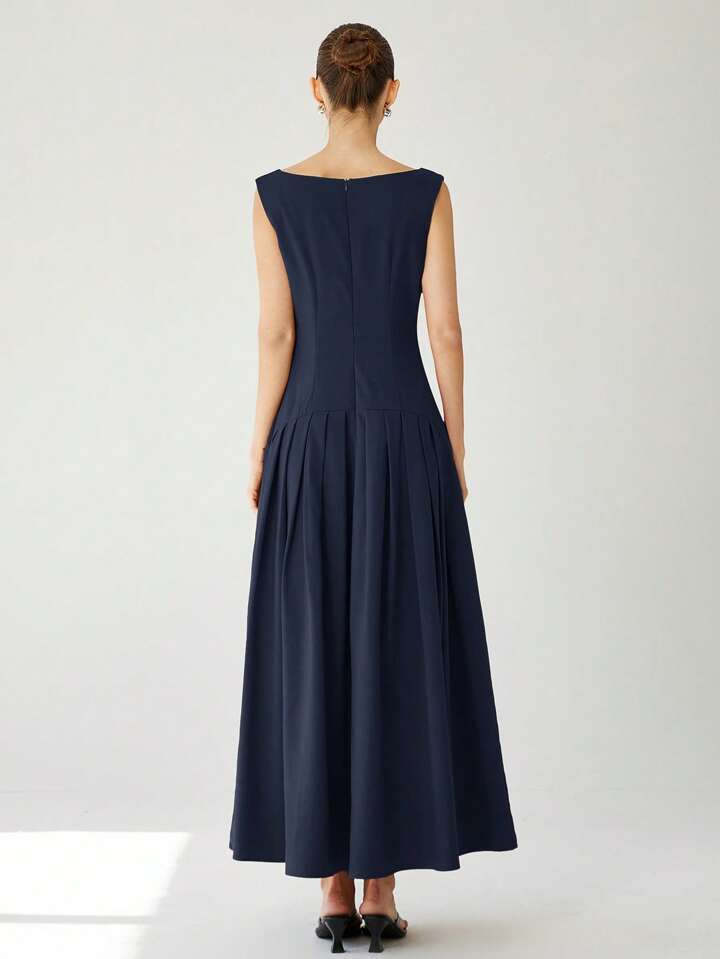 CM-DS247303 Women Elegant Seoul Style Sleeveless Cinched Waist Low Waist Pleated Ruffle Hem Long Dress - Navy Blue