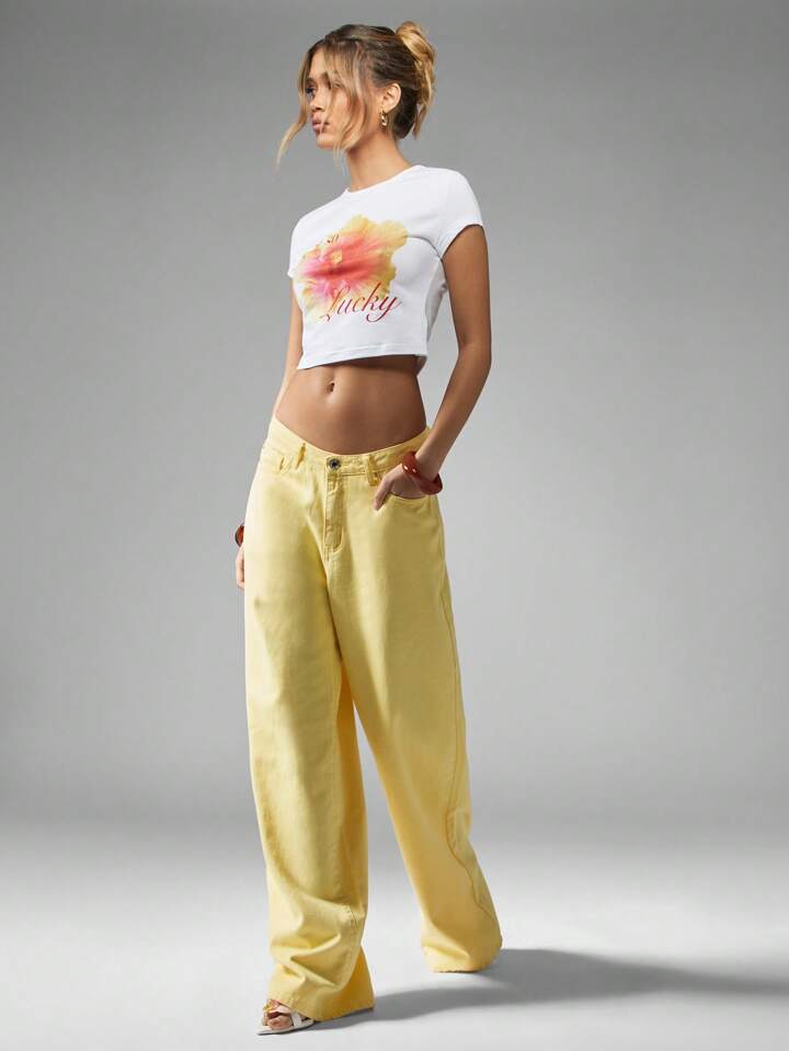 CM-BS804471 Women Casual Seoul Style Mid Waist Ultra Wide Leg Baggy Jeans - Yellow