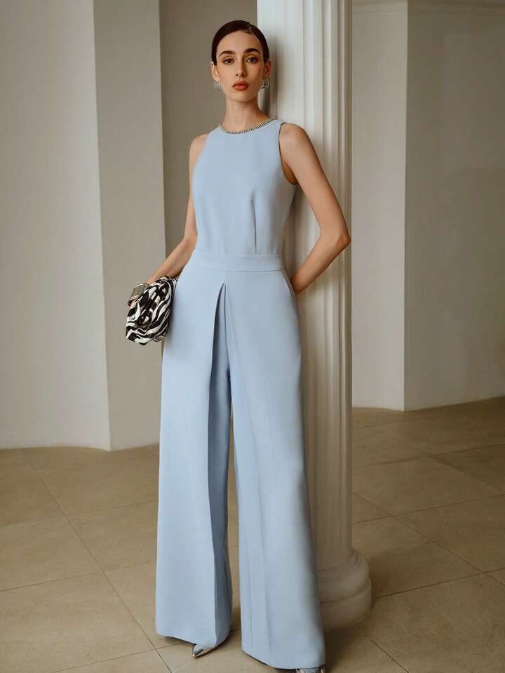 CM-JS196496 Women Elegant Seoul Style Rounnd Neck Rhinestone Decor Sleeveless Jumpsuit - Baby Blue