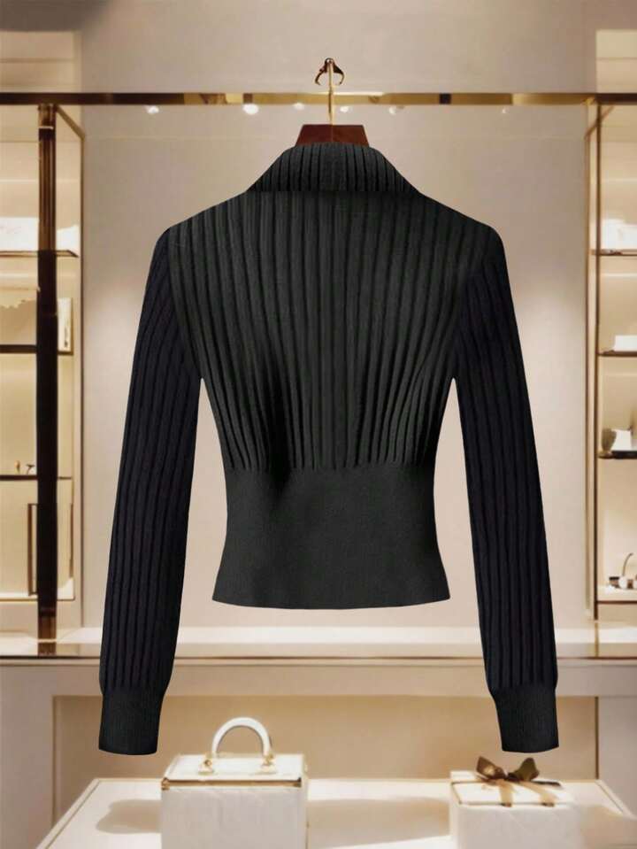 CM-CS791813 Women Casual Seoul Style Stand Collar Double-Ended Zipper Ribbed Yarn Short Fitted Cardigan