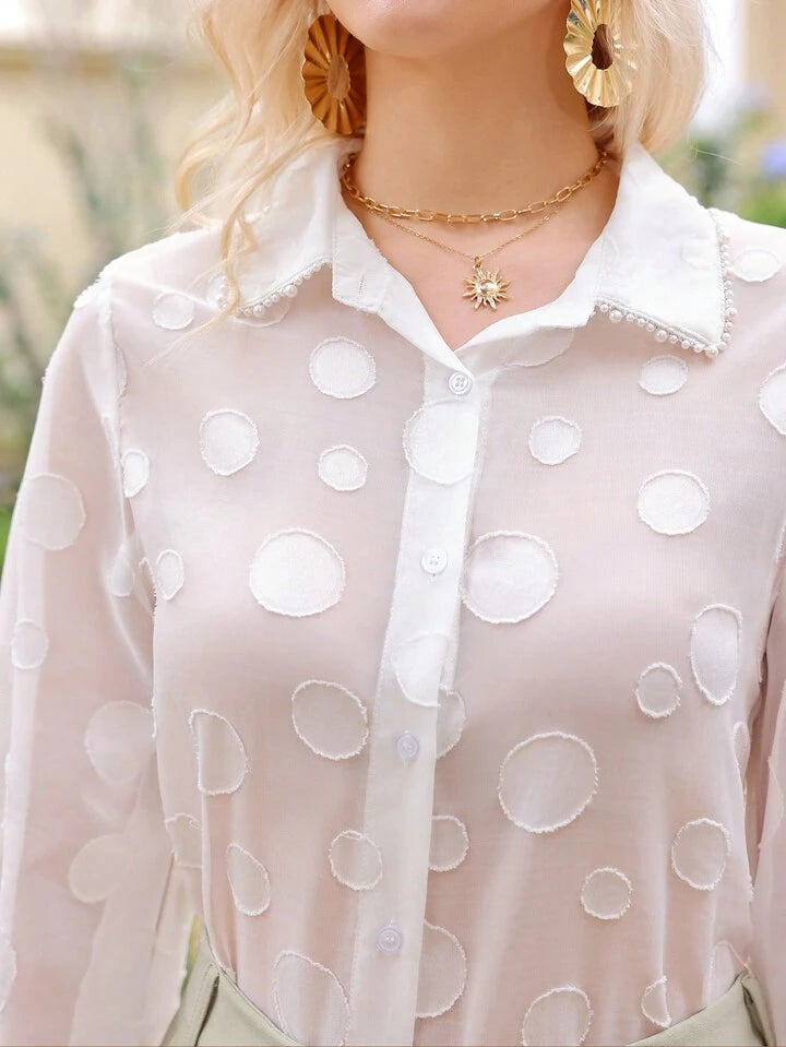 CM-TS490189 Women Casual Seoul Style Round Patched Button Front Long Sleeve Shirt