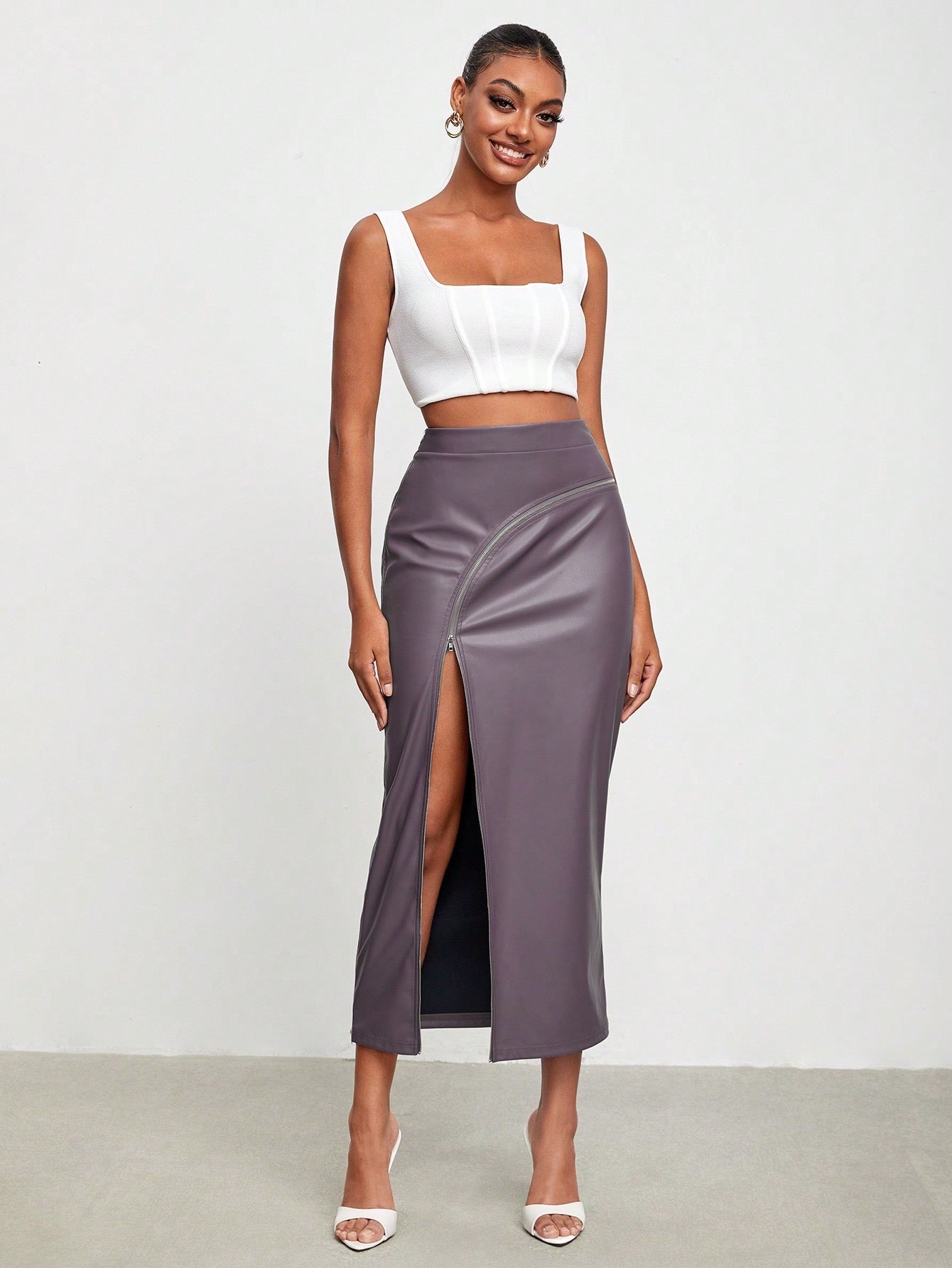 CM-BS018203 Women Elegant Seoul Style High Waist Split Thigh PU Leather Skirt - Purple