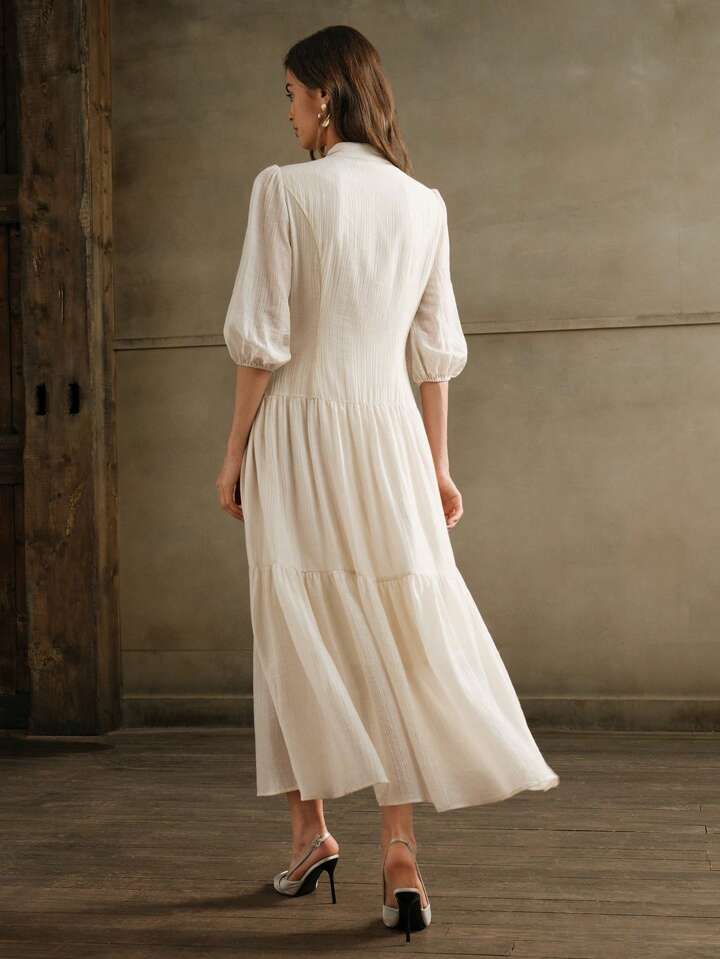CM-DS204072 Women Elegant Seoul Style Stand Collar 3/4 Sleeve Loose Weave Midi Dress - Apricot