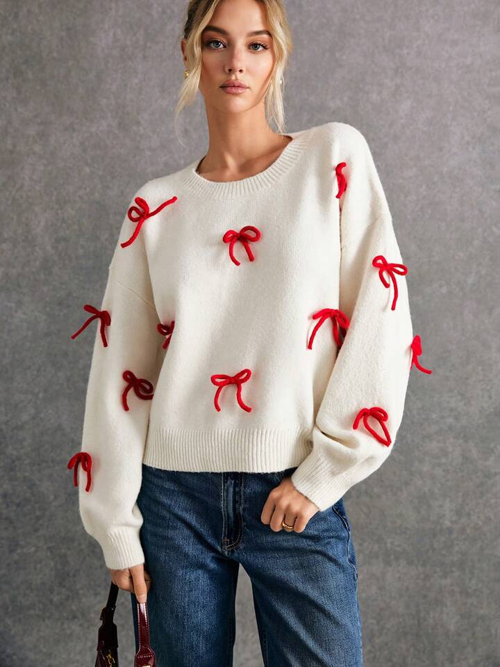 CM-CS571757 Women Casual Seoul Style Round Neck Drop Shoulder Bow Decor Sweater - Apricot