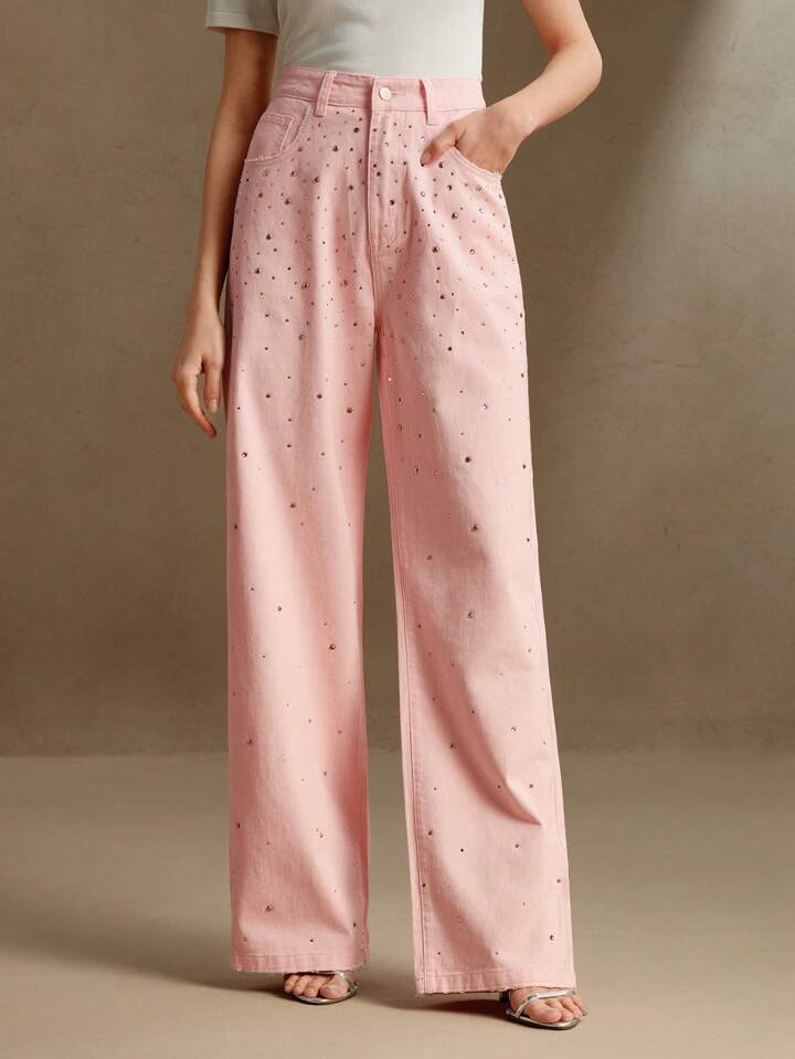 CM-BS806583 Women Casual Seoul Style Mid Waist Rhinestoned Decor Straight Leg Jeans - Pink