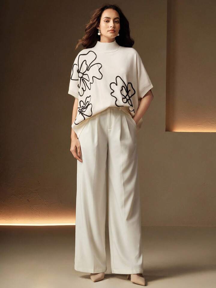 CM-CS518915 Women Elegant Seoul Style Stand Collar Batwing Sleeve Floral Embroidery Knit Top - White
