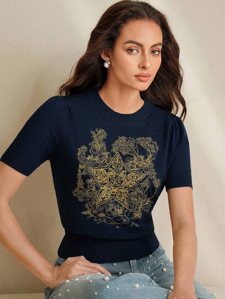 CM-TS520731 Women Casual Seoul Style Stand Collar Short Sleeve Floral Star Embroidered Knitted Shirt Tee - Royal Blue