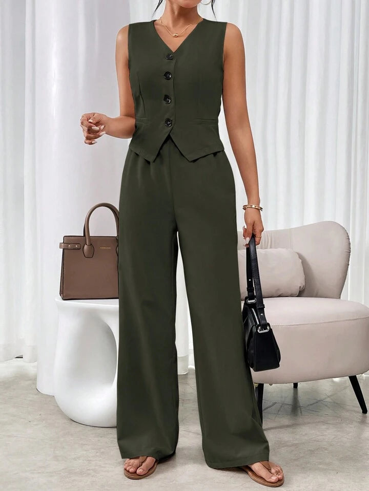 CM-SS138611 Women Casual Seoul Style V-Neck Sleeveless Single Breasted Suit Vest With Long Pants - Army Green