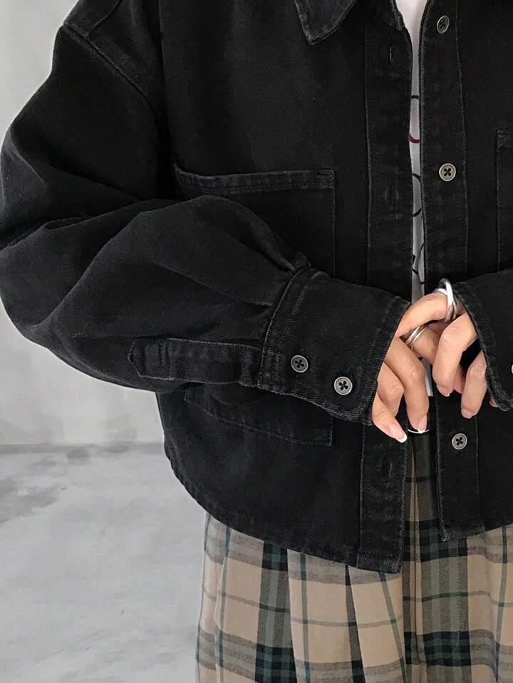 CM-CS301318 Women Casual Seoul Style Collar Neckline Button Front Long Sleeve Pocket Oversized Denim Jacket - Black