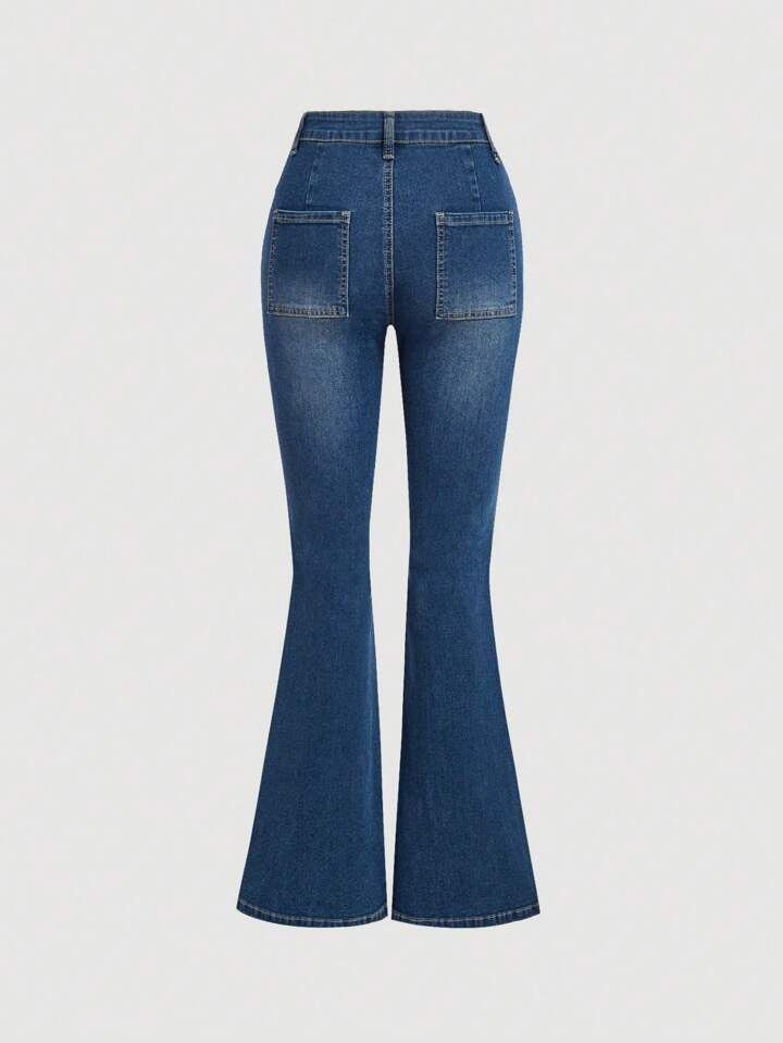 CM-BS310835 Women Casual Seoul Style Drop Waist Star Patches Flare Jeans - Blue