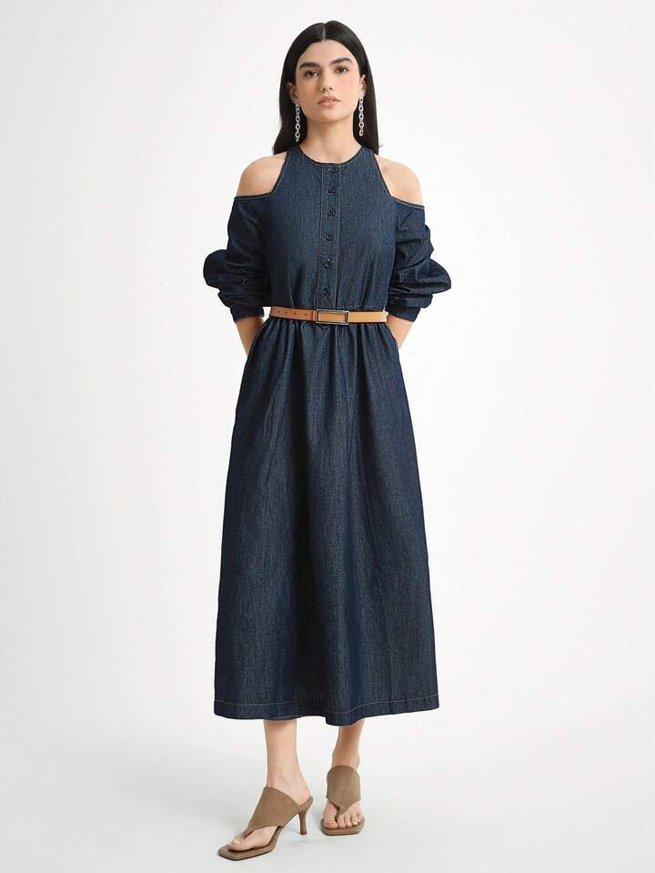 CM-DS377584 Women Casual Seoul Style Dark Wash Round Neck Lantern Sleeve A-Line Denim Dress