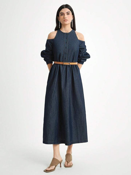 CM-DS377584 Women Casual Seoul Style Dark Wash Round Neck Lantern Sleeve A-Line Denim Dress