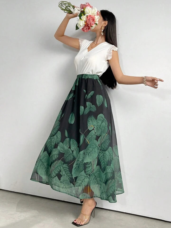 CM-BS751124 Women Trendy Bohemian Style Tropical Print Mesh Overlay Skirt