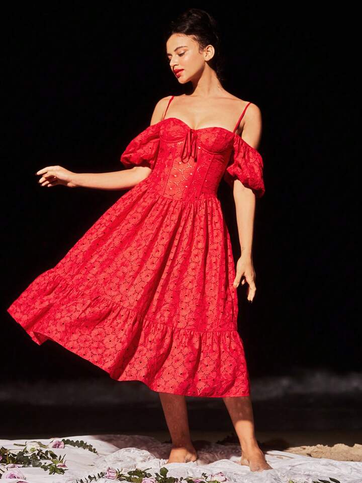 CM-DS939332 Women Casual Seoul Style Solid Color Bubble Sleeves Ruffle Hem Dress - Red