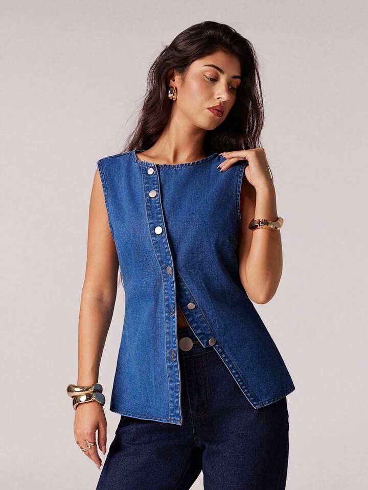 CM-TS440422 Women Casual Seoul Style Medium Wash Round Neck Sleeveless Oblique Placket Design Denim Tank Top