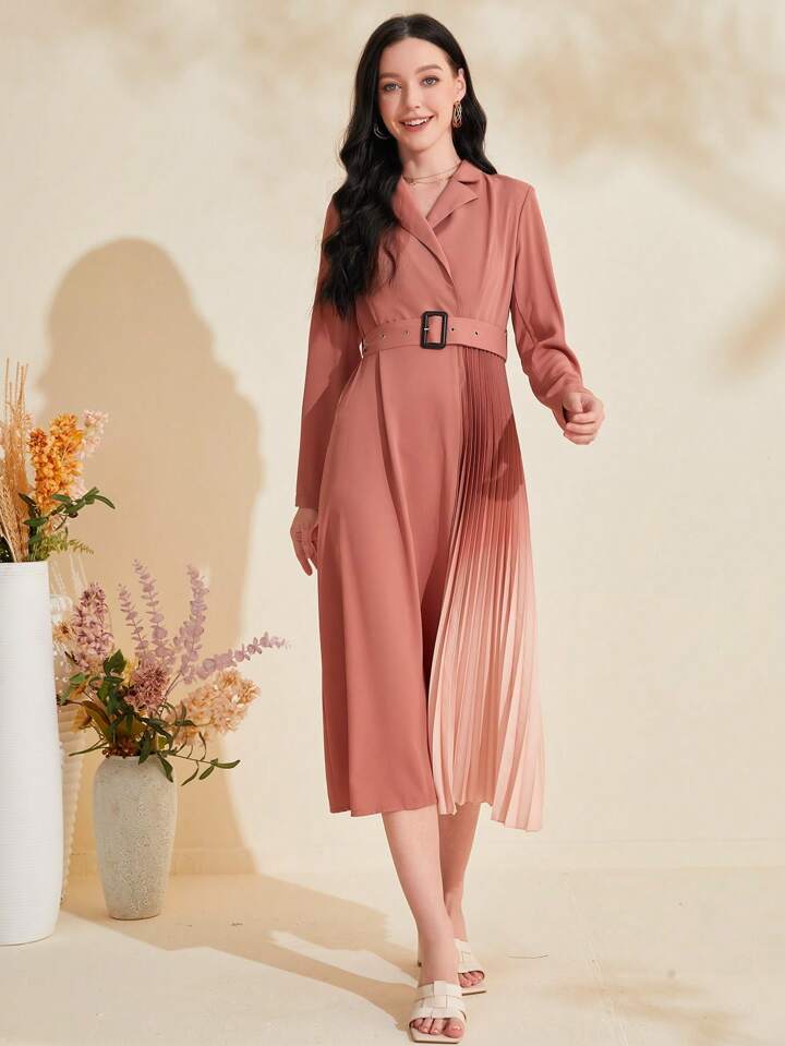 CM-DS184274 Women Elegant Seoul Style Color-Blocked Collar Pleated Hem Belted Dress - Dusty Pink