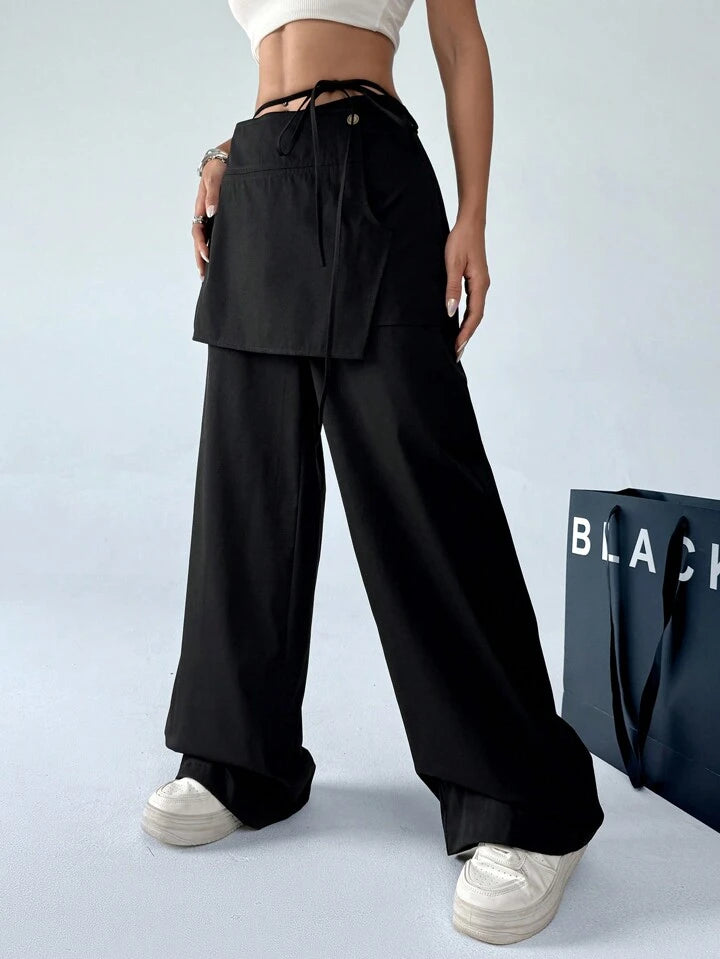 CM-BS536531 Women Casual Seoul Style Drop Waist 2 In 1 Skirt Wide Leg Pants - Black