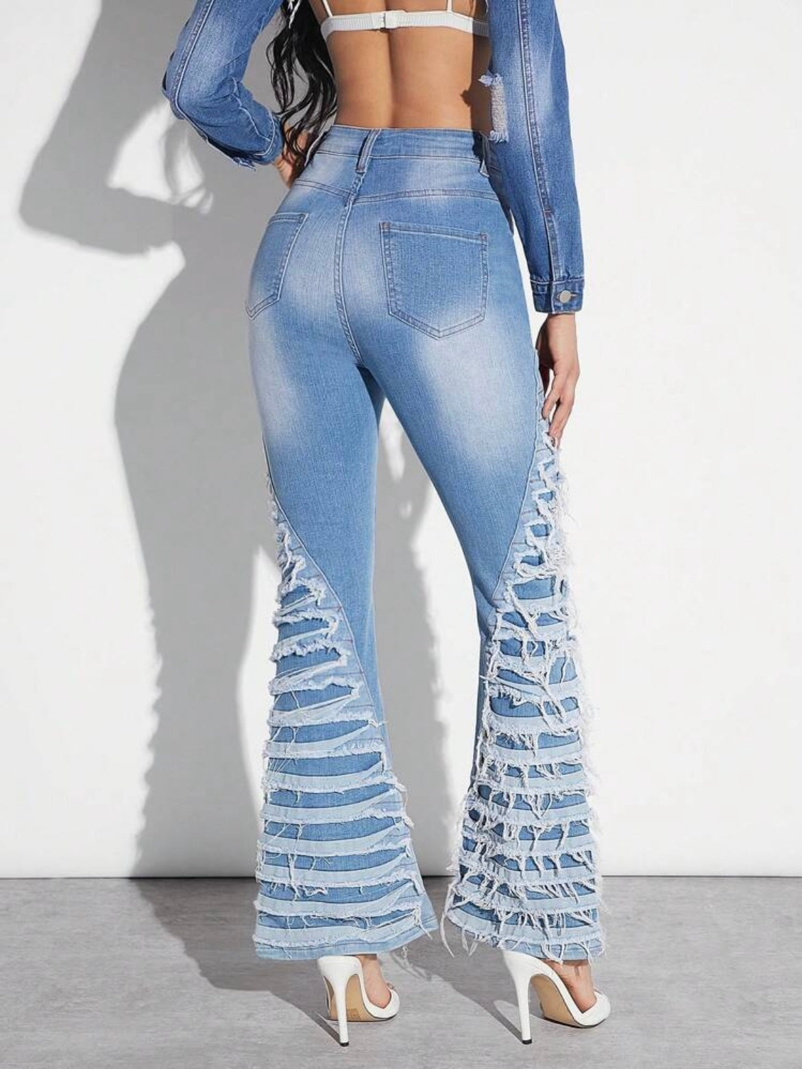 CM-BS802817 Women Casual Seoul Style Medium Wash Ripped Layered Panel Flare Leg Jeans
