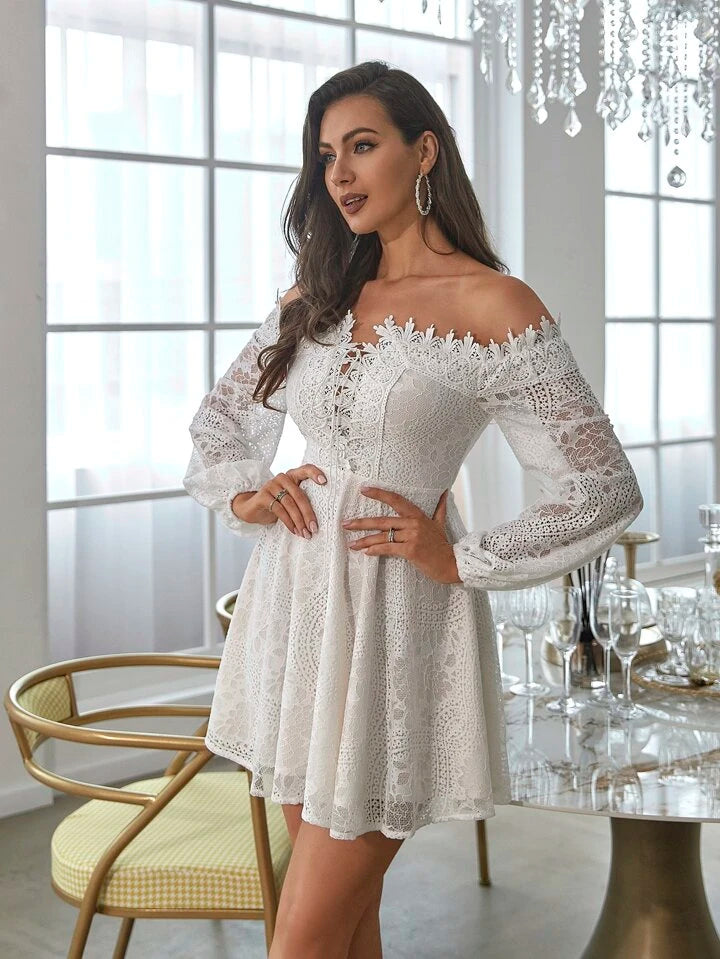 CM-DS259878 Women Elegant Seoul Style Off Shoulder Lace Up Front Lantern Sleeve Lace Dress - White