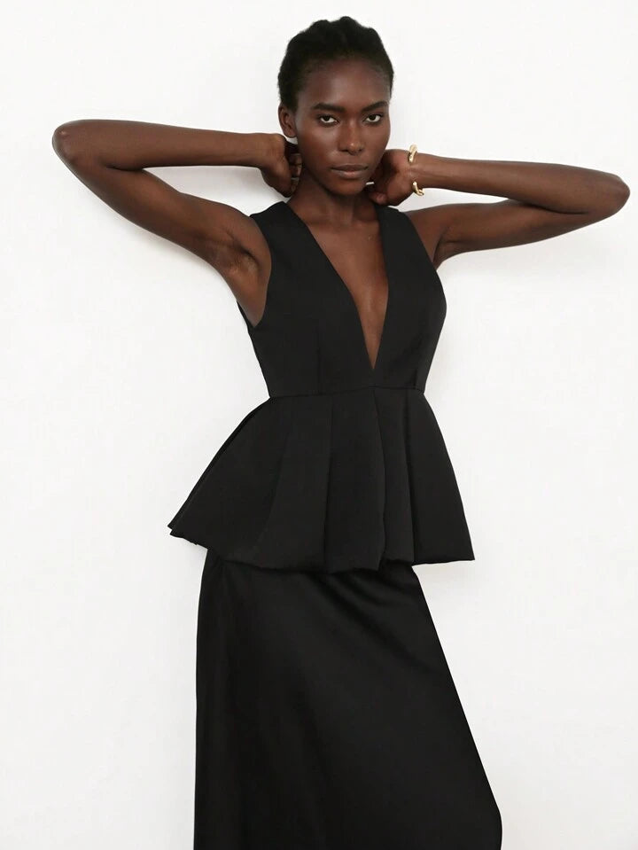 CM-TS127578 Women Elegant Seoul Style Deep V-NeckSleeveless Ruffle Hem Design Blouse - Black