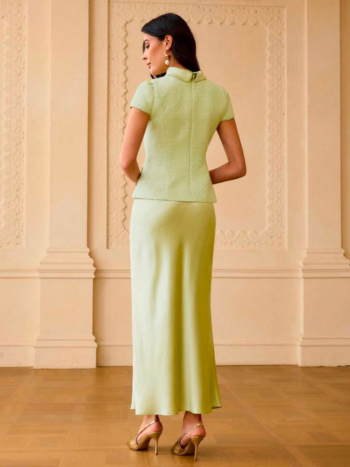 CM-SS036131 Women Elegant Seoul Style Stand Collar Button Decor Cap Sleeve Top With Satin Mermaid Hem Skirt - Set