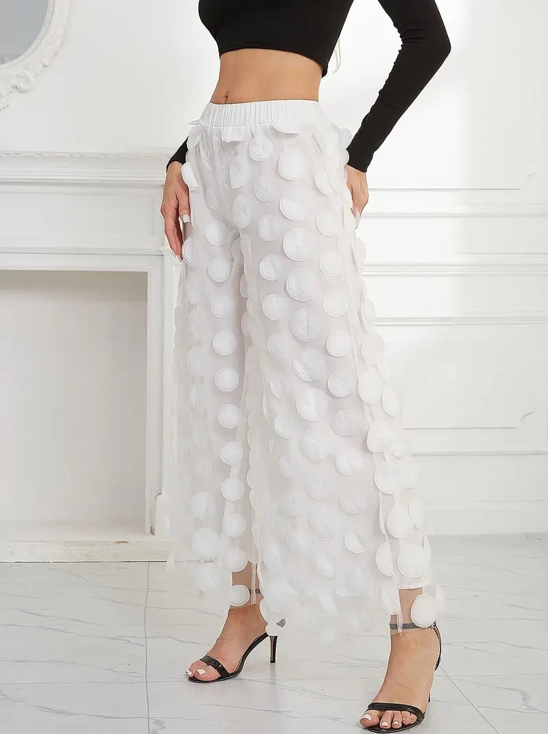 CM-BT044097 Women Elegant Seoul Style Polka Dot Mesh Loose Pants - White