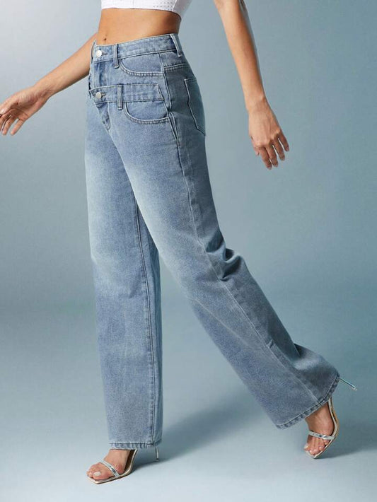 CM-BS540218 Women Casual Seoul Style Front Button Pocket Wide Leg Jeans - Baby Blue