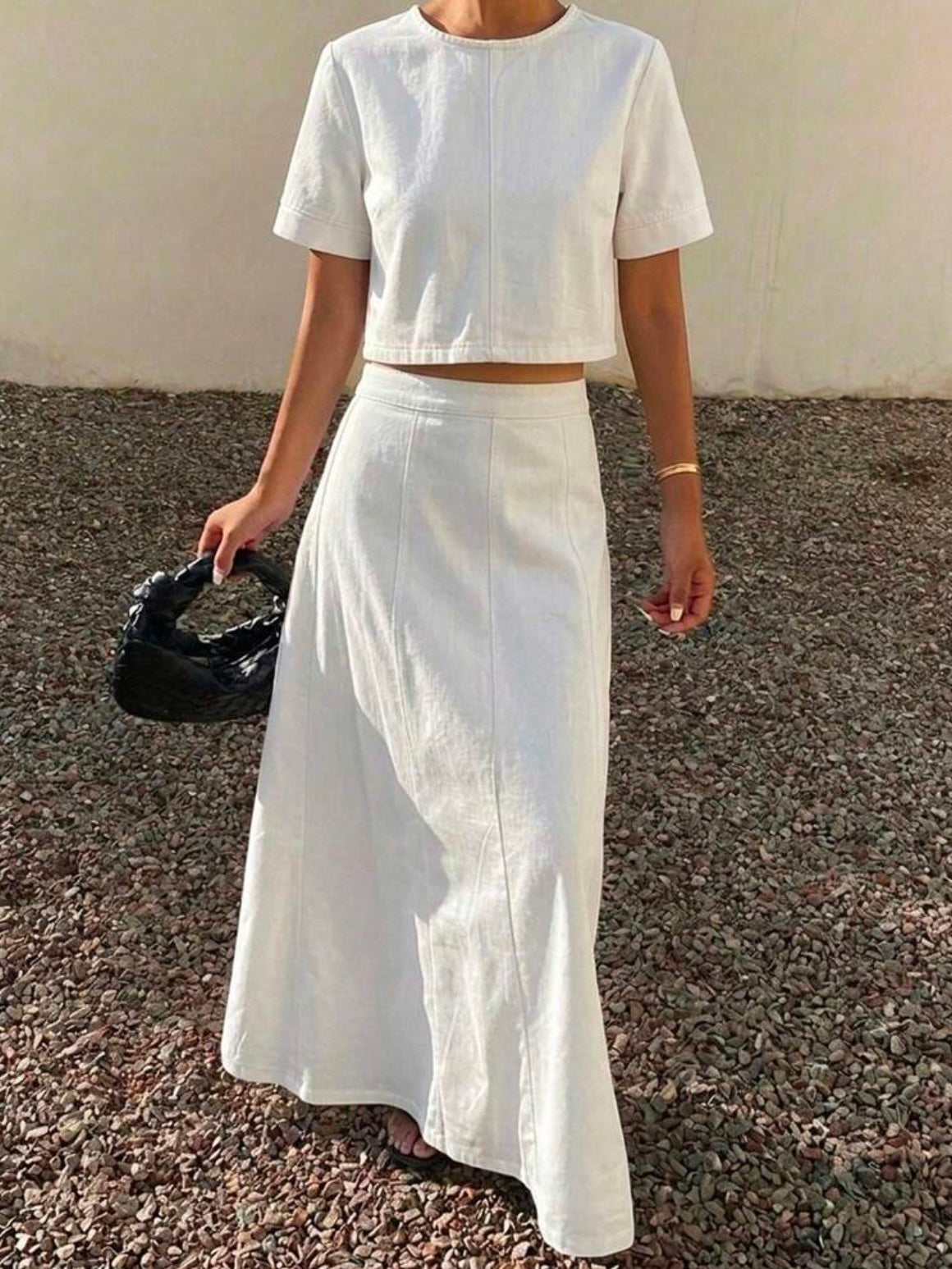 CM-SS600501 Women Casual Seoul Style Round Neck Short Sleeve Cropped Top With High Waist A-Line Long Denim Skirt - Set