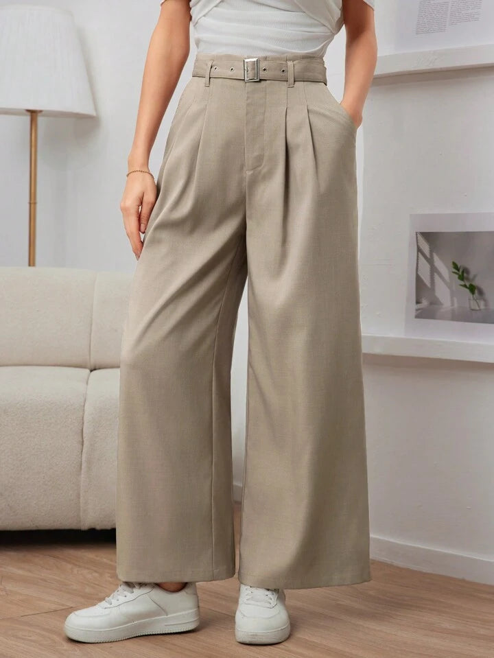 CM-BS388398 Women Casual Seoul Style Belted Solid Pocket Straight Leg Pants - Khaki