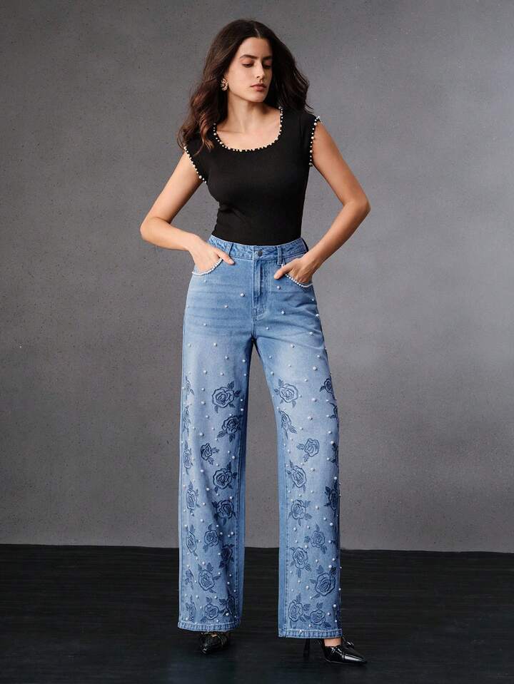 CM-BS039013 Women Elegant Seoul Style Mid Waist Embroidered Straight Leg Jeans - Blue
