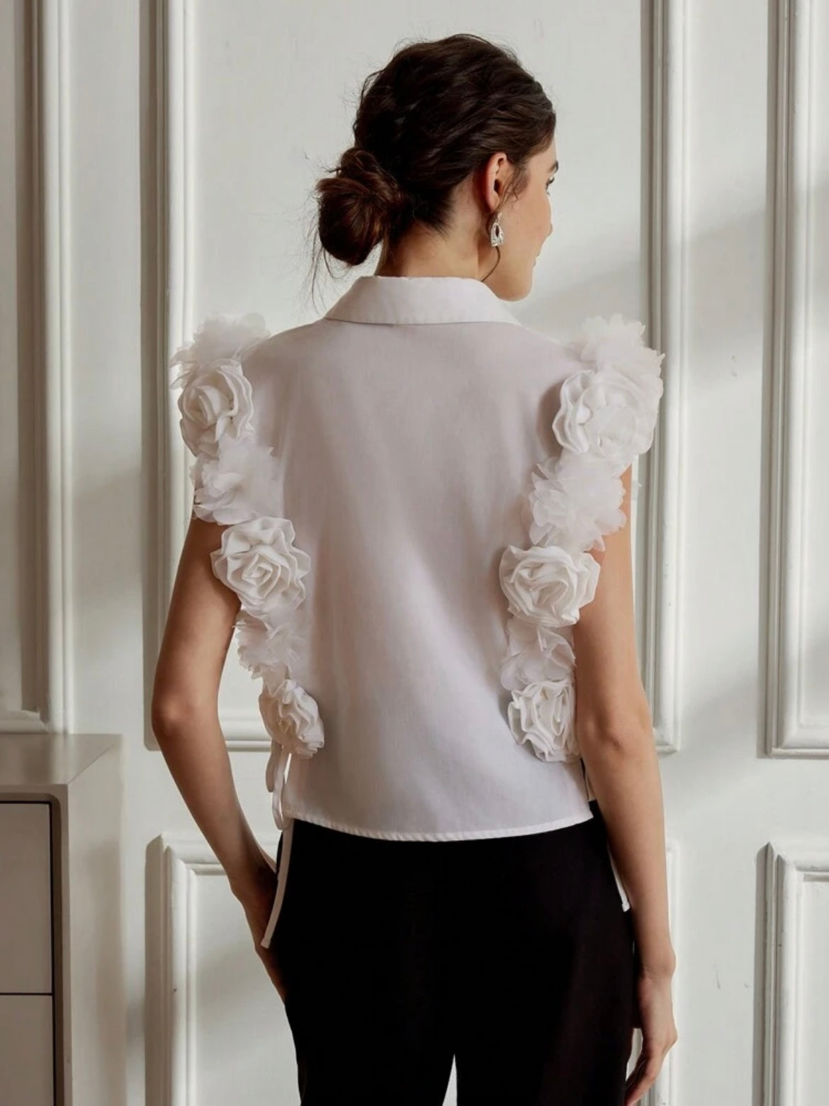 CM-TS726127 Women Elegant Seoul Style 3D Floral Hollow-Out Tie Up Sleeveless Shirt - White