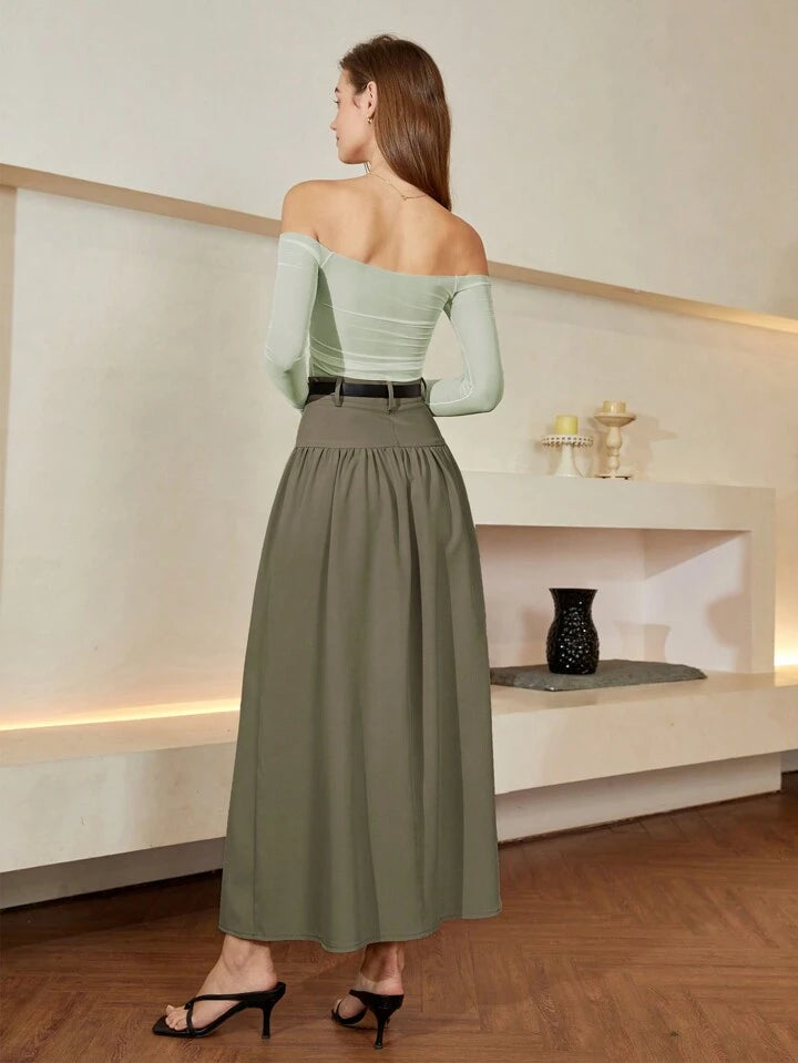 CM-BS761441 Women Elegant Seoul Style Solid Color Belted Pleated Loose Skirt - Green