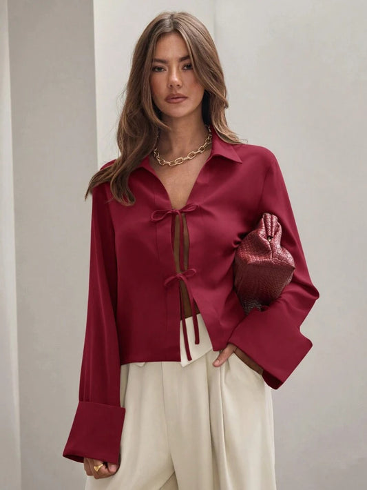 CM-TS803598 Women Trendy Bohemian Style Shirt Collar Front Tie Long Sleeve Shirt - Burgundy