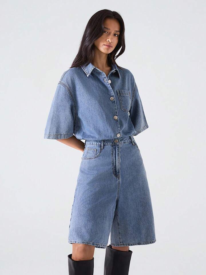 CM-JS350635 Women Casual Seoul Style Medium Wash Collar Neckline Short Sleeve Loose Denim Jumpsuit